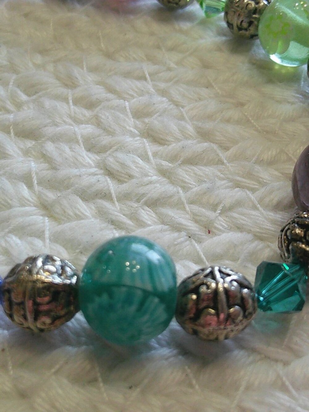 Whimsical MULTI COLORED GLASS & CRYSTAL BEADS Handmade Silver Bracelet #107F